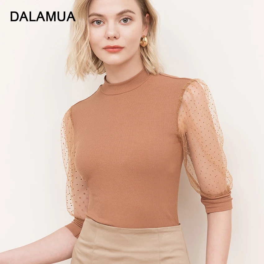 

Женская Сетчатая футболка, элегантная однотонная облегающая офисная футболка с рукавом до локтя, лето-осень 2021