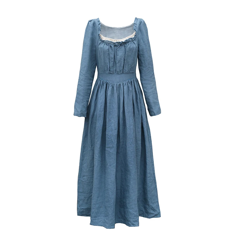 

Spring Autumn Women 100%Linen Coffee Long Dress Ladies Victoria Royal Vintage Elegant Long Sleeve High Waist Dress robe longue