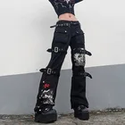 Уличные трендовые женские джинсы в стиле панк с высокой талией, новинка 2021 года, Европейская и американская мода, Y2K, готический принт, металлическая пряжка, джинсовые брюки