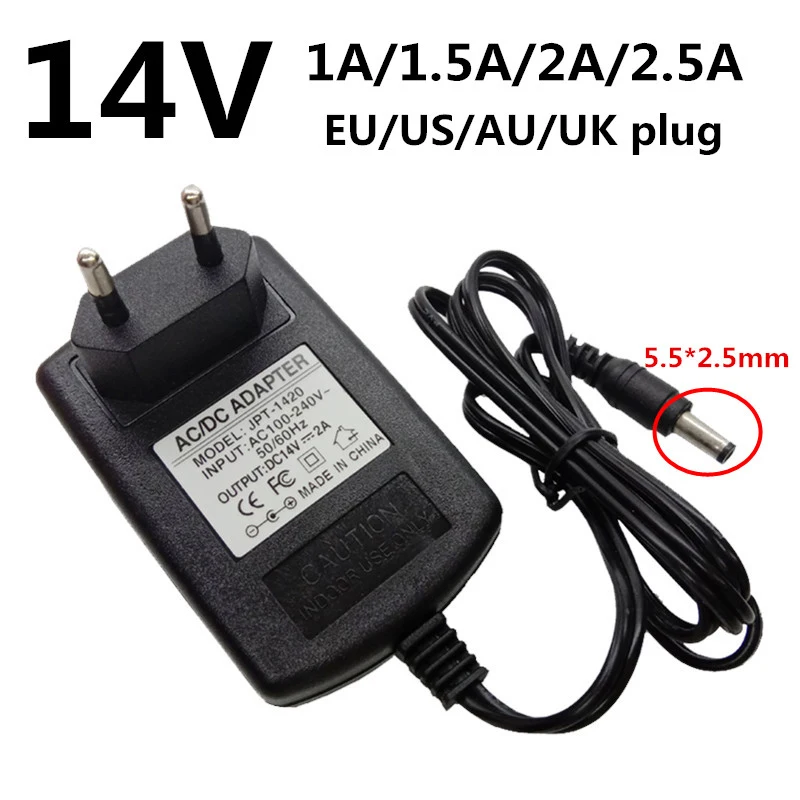 100 V-240 V постоянного тока до 14V 1A 1.5A 2A 2.5A AC DC адаптер Питание EU/US/UK AU разъем 5.5mmx2.1-2,5 мм Jack 110V 220V адаптер dc 14