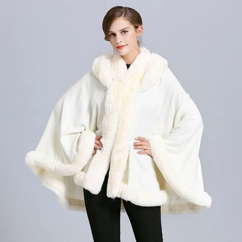 

2021 European American New Large Loose White Red Poncho Women Imitation Fox Fur Collar Hooded Knitted Cloak Shawl Coat For Mom