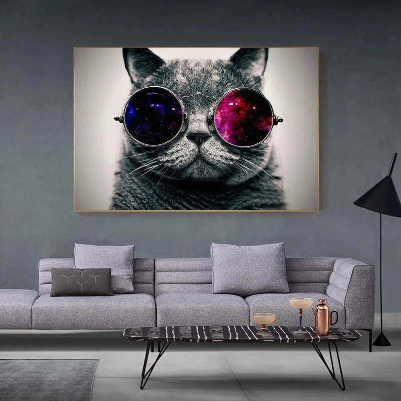 

Modern Painting Galaxy Glasses Cat Poster Funny Art Canvas Print Picture Living Room Home Decoration