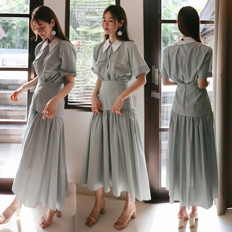 Корейское летнее новое женское длинное платье хлопковое приталенное с высокой