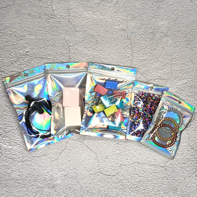 

Bags 50Pcs Iridescent Zip Lock Bag Aluminum Foil Sealed Pocket Resealable Ziplock Bags Party Food Storage Makeup Foil Bags Thick