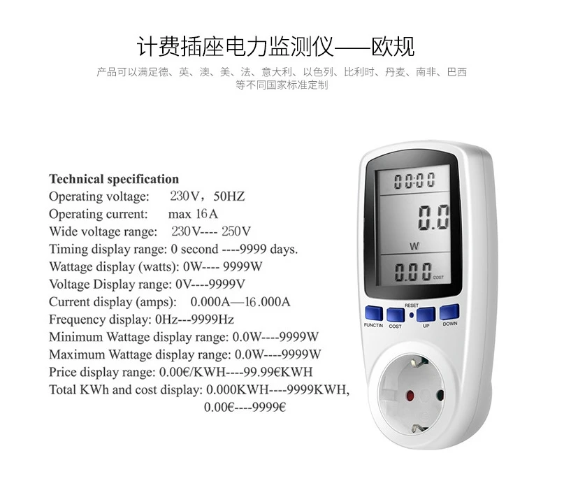 EU US UK Meter electricity monitoring electricity voltage power metering socket type mete watt meter power analyzer kwh