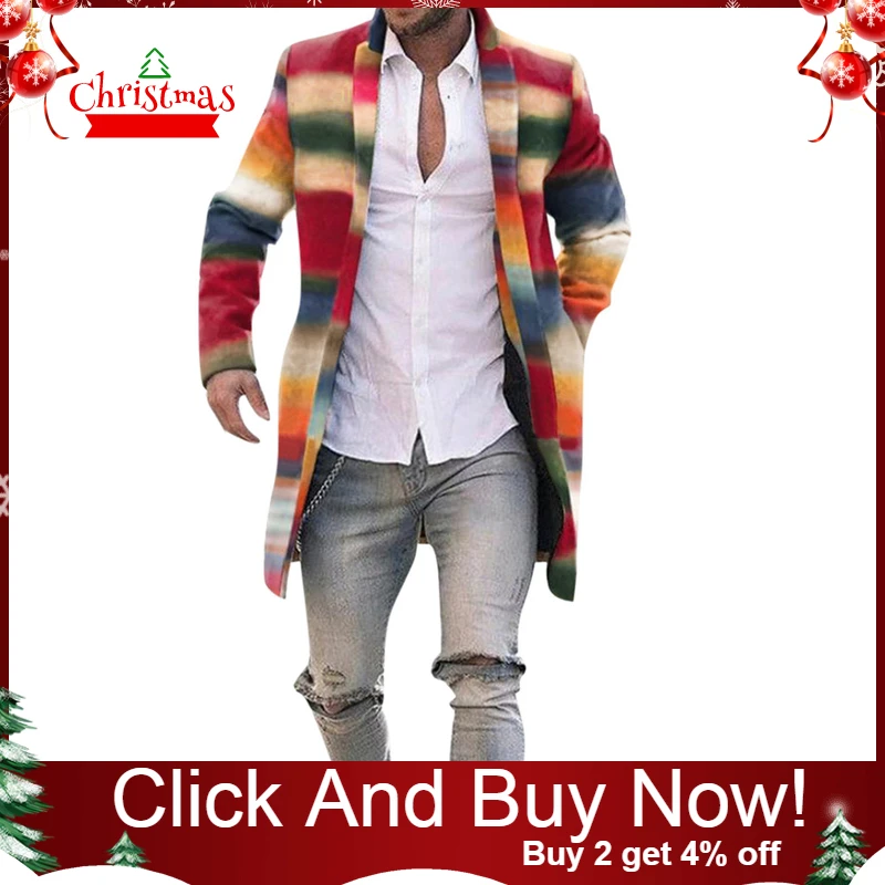 Мужской однобортный плащ с радужными полосками семицветный узкий шерстяной