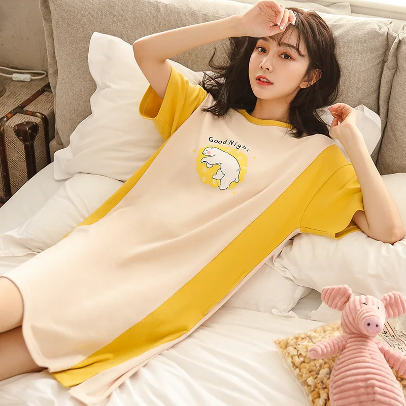 2021 New Nightdress Women's Summer Cotton Nightgown Short Sleeve Cute Nightwear Thin Home Clothes Sleepwear Sleeping Dress