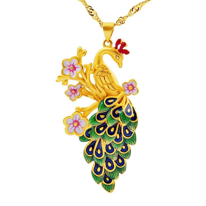 

24k Sand Gold Necklace Peacock Pendant Cloisonne Retro Matching Jewelry Temperament All-match