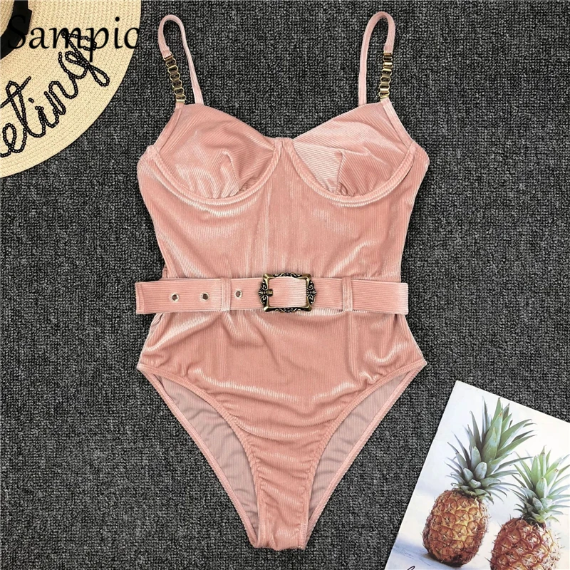 Женский пляжный купальник с чашками пуш ап и поясом|Купальники| |