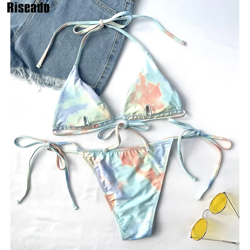 

Riseado Halter Bikinis Tie Dye Swimsuits High Cut Swimwear Women Mesh Beach Dress Sexy Micro Biquini 2021 Knotted Bathing Suits