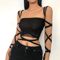 2022 black mesh lace tie crop top spring and summer new style womens solid color navel fashion navel y2k sling sexy small vest