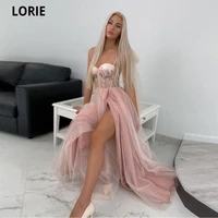 lorie dusty pink evening dresses spaghetti strap high side a line saudi arabia embroidered crystal prom dress formal party gowns