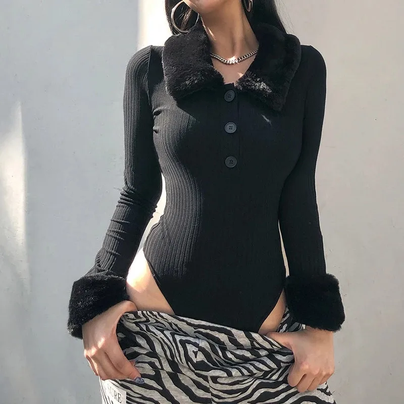 

Black Furry Collar Autumn Knitted Bodysuit Women Elegant Chic Long Sleeve Bodycon Short Jumpsuit Ladies Casual Winter