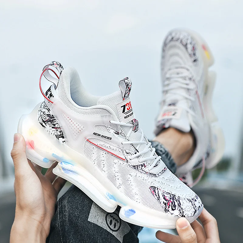 

Men's Sneakers 2021 Summer Fashion TPU Popcorn Outsole White Shoes Mesh Breathable Running Shoes Outdoor Fitness Walking Shoes