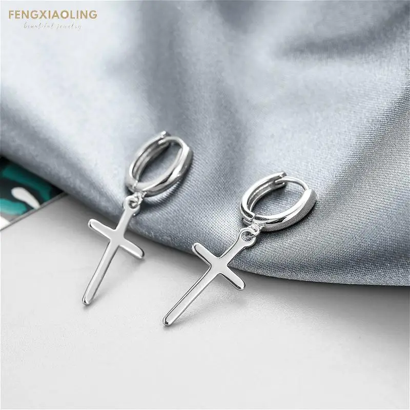 

Fengxiaoling 100% 925 Sterling Silver Cross Drop Earrings For Women Minimalism Smooth Silver Earring Fashion Fine Jewelry 2021