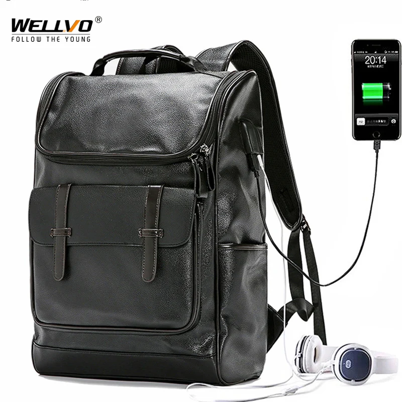 

Кожаный школьный рюкзак для мужчин, портативный дорожный Многофункциональный ранец большой вместимости с USB-зарядкой для ноутбука, XA216C