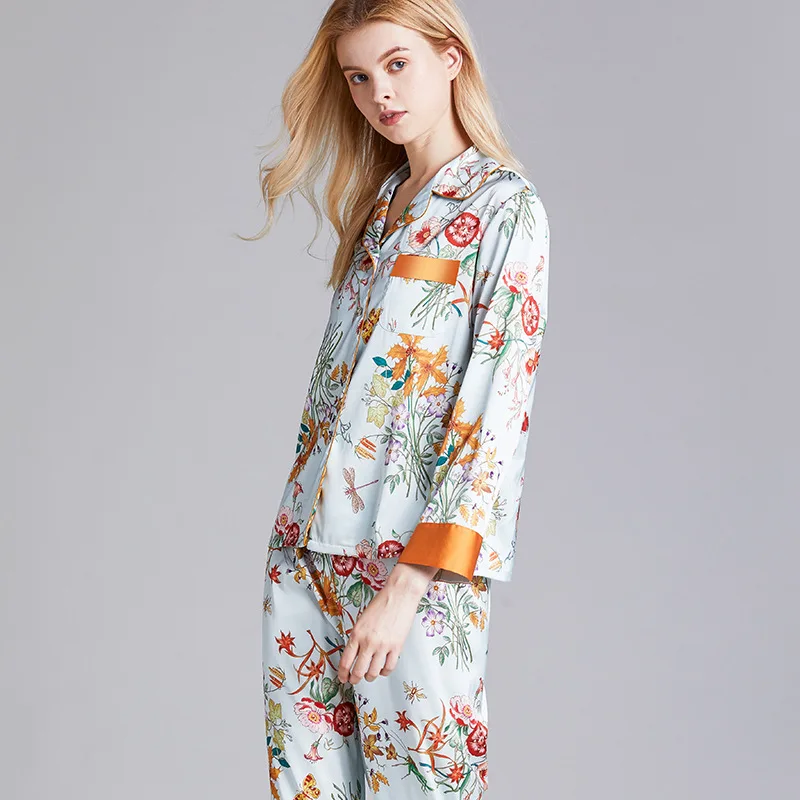 

Flower Printed Turn-Down Collar Sleepwear Female Cardigan Satin Pajamas Sets 2PCS Full Sleeve Button Nightwear Casual Home Wear