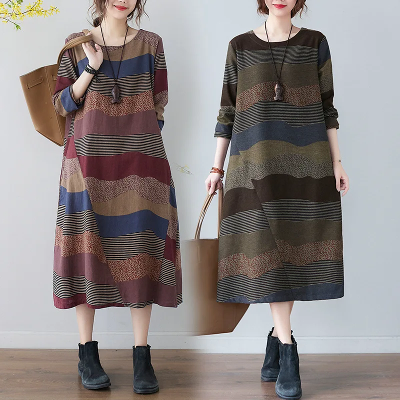 Spring Autumn Women Long-sleeved Stripe Cotton Linen Dress Fall Women's Clothing 2022 New Vintage Plus Size D309 | Женская одежда
