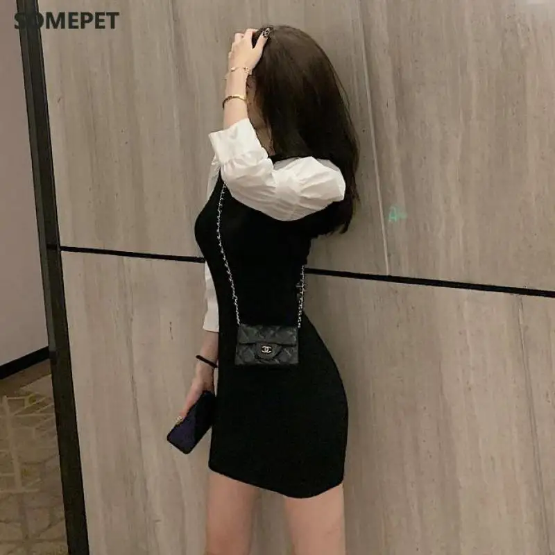 

Korean Fashion Knit Patchwork Black Mini Dress Autumn French Vintage O Neck Dress Puff Sleeve Bodycon Party Dress Vestidos