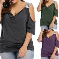 cold shoulder t shirt with sequin clothes strap shiny top plain oversized t shirt sexy low cut pleated shirt 5xl big size women