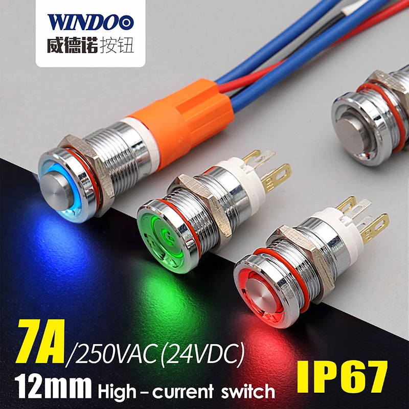 WINDOO 12mm 7A high current 4 pin switch waterproof IP67 latching or momentary micro metal push button with LED 24V220V | Обустройство