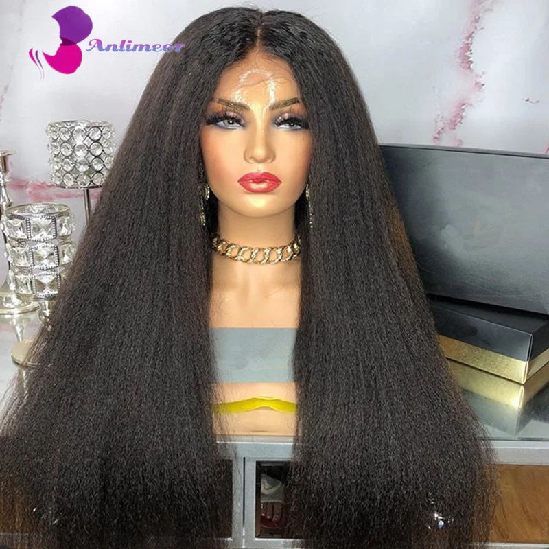 

Alimeer New 13X4 Lace Front Wig Kinky Straight Natural Color 180 Density Pre-Plucked Yaki Human Hair Wig For Black Women