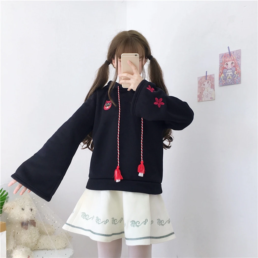 Kawaii худи с кошачьими ушками Для женщин Цветочная вышивка толстовка капюшоном