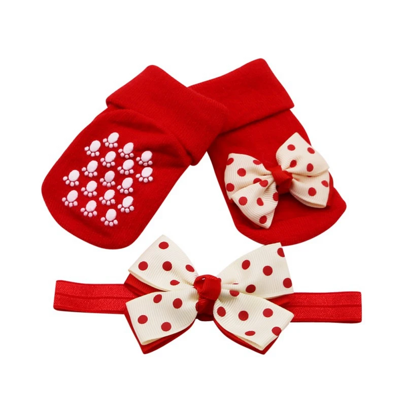 

Dot Double Layer Bow Baby Cotton Socks Dispensing Non-slip Baby Socks + Hair Band