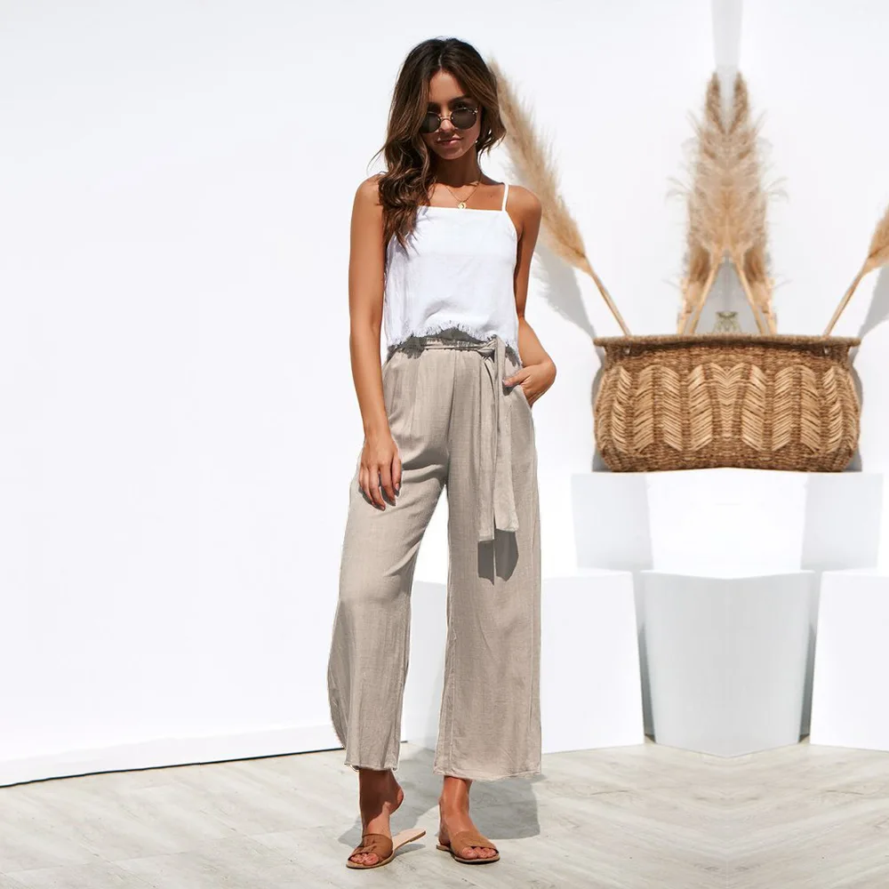 Брюки-султанки женские с завышенной талией повседневные хлопково-льняные штаны