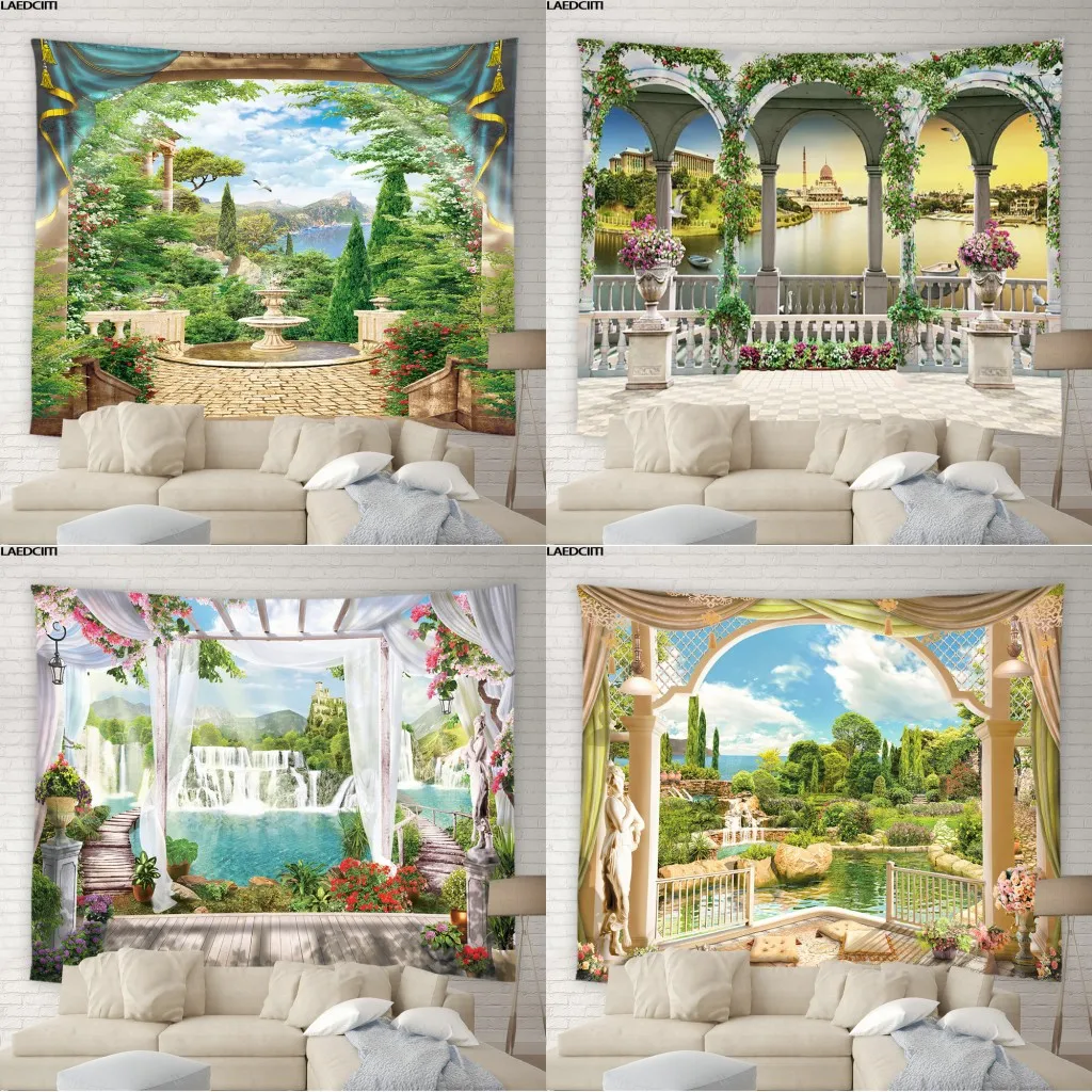 

Landscape Scenery Wall Hanging Bohemia Forest Lake Green Plants Flowers Big Tapestry Beach Towel Living Room Bedroom Home Decor