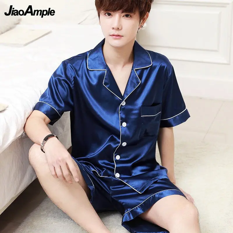 Pajamas Men Summer Ice Silk Thin Short-Sleeved Shorts Pijamas Two-Piece 2022 New Thin Loose Nightie Sleepwear Home Clothes