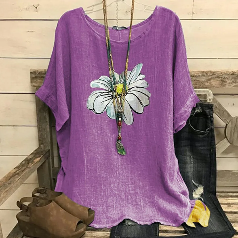 

Женская блузка с круглым вырезом Littlerossa 5XL, летняя сексуальная свободная хлопковая льняная рубашка с коротким рукавом