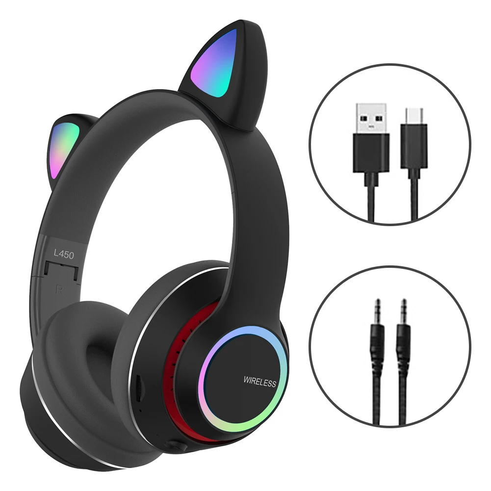 

5.0 Cat Ear Gifts Wireless Headphone LED Light Up Music Gaming Headset Adults Kids With Mic Home Cute Travel Stereo