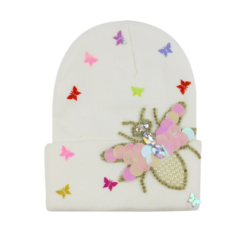 Женская Шапка бини FOXMOTHER белая или серая Теплая с блестками и бабочкой 2019|Женские
