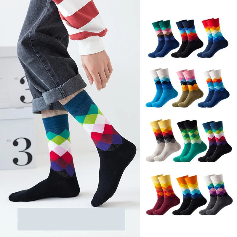 

Diamond Check Gradient Cotton Fashion Trend Men's and Women's Socks Funny Couple Colorful Novelty Sports Socks Hip Hop Fashion