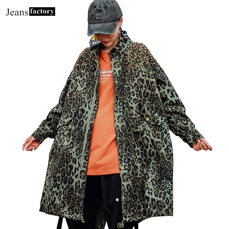 Женская куртка ArmyGreen с леопардовым принтом заклепками и бусинами длинным рукавом