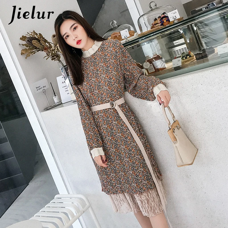 Jielur 2020 Autumn Khaki Floral Dress Women Chic Sashes Elegant Lady Chiffon Dresses Lace Slim Fashion OL Korean Vestidos S-XXL | Женская