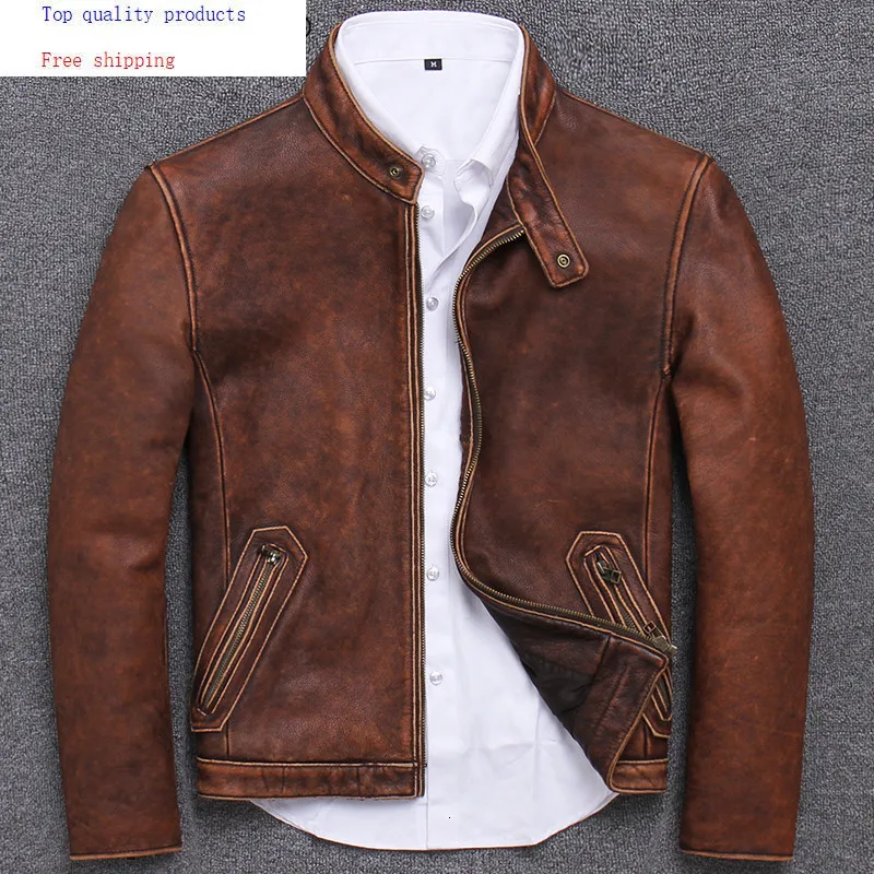 Мужская кожаная куртка в стиле ретро мотоциклетная из 100% натуральной коровьей