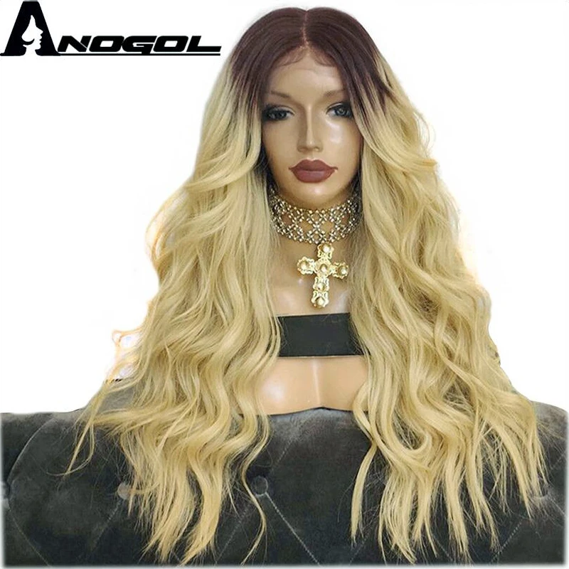 Ombre Blonde ANOGOL, коричневые корни, Омбре, блонд, длинная волна тела, свободная часть, синтетический парик на кружеве для женщин, натуральные волосы, парики - Цвет: Ombre Blonde