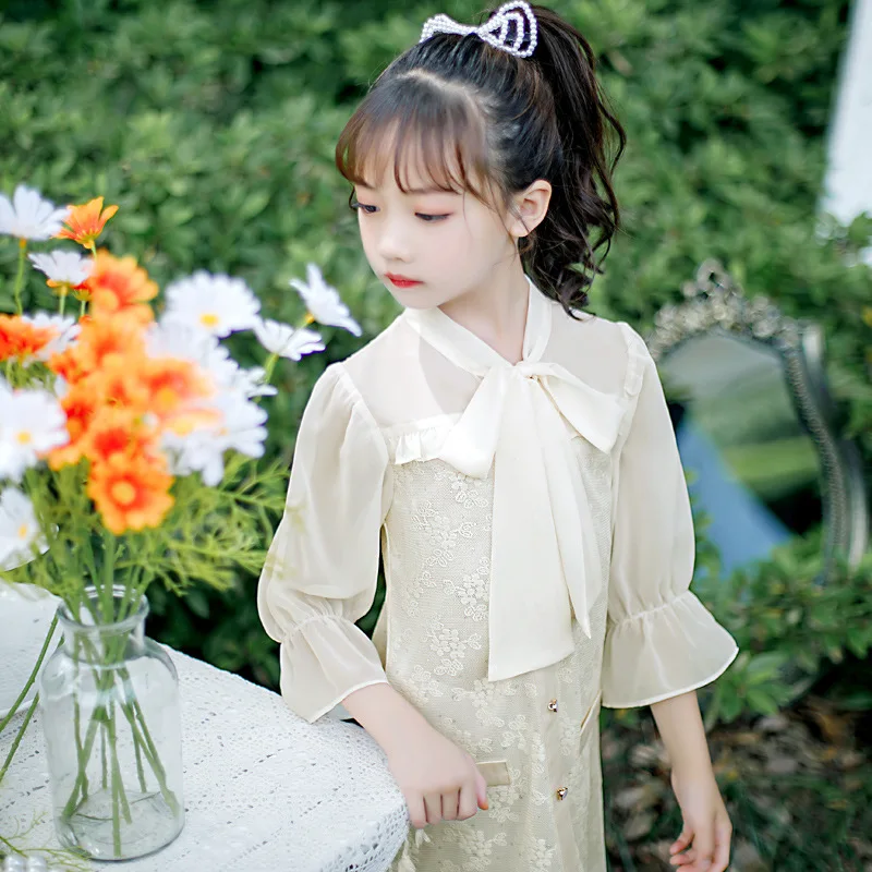 

Шифоновое платье с длинным рукавом для девочек, милые китайские детские праздничные костюмы, изящное вечернее платье