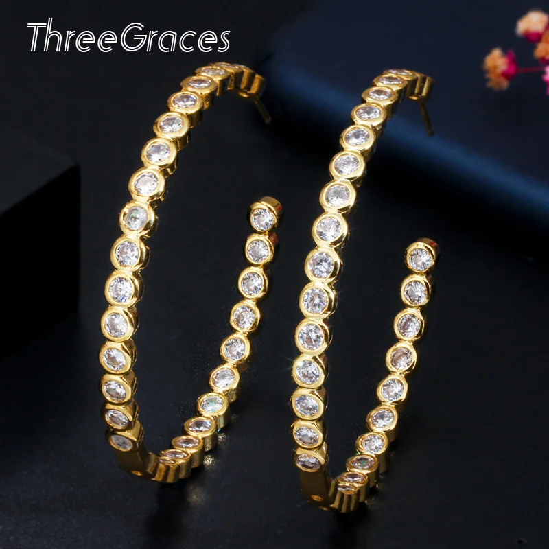 

Женские серьги ThreeGraces, большие круглые серьги с белым фианитом в европейском стиле, Золотое кольцо, модные аксессуары ER368
