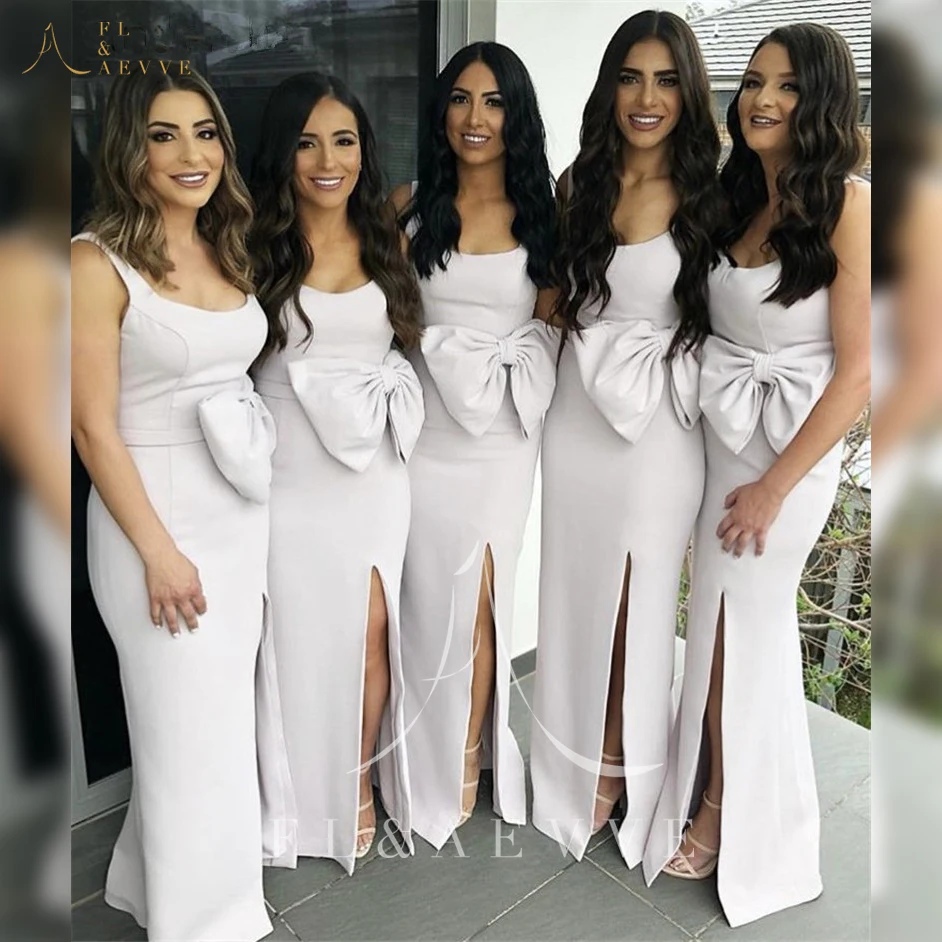 

Женское атласное платье с разрезом сбоку, белое элегантное платье-Русалка с глубоким круглым вырезом и бантом для подружки невесты
