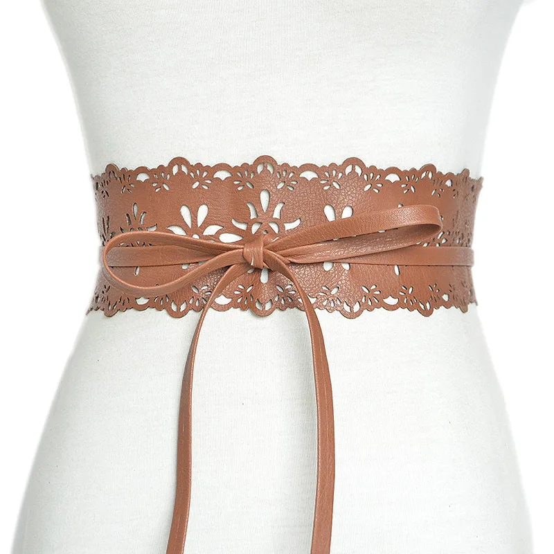 

Women Pu Leather Belt Decorative Girdle Cummerbunds Lady Hollow Out Waistbands Solid Bowknot Wide Waist Belt For Dress Coat