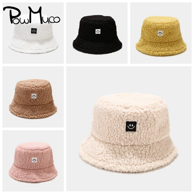 

Powmuco Unisex Teddy Velvet Smiling Face Bucket Hats Vintage Autumn and Winter Keep Warm Caps Fisherman Bonnet Women Headwear