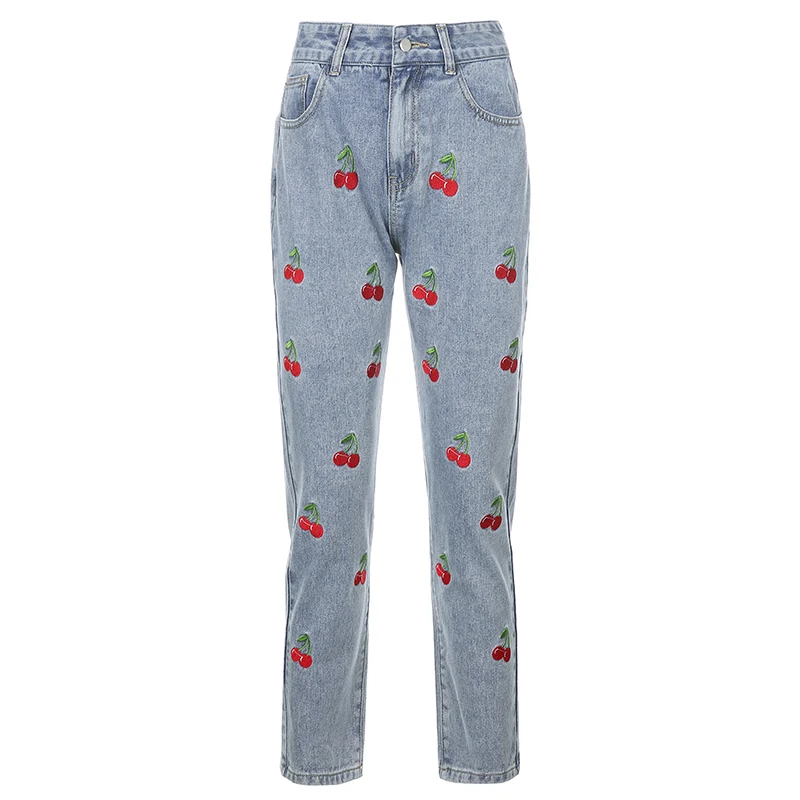 

2022 Cherry Embroidery Pencil Women's Jeans Retro Loose High Waist 90s Aesthetic Girls Denim Streetwear Baggy Outfits Pants
