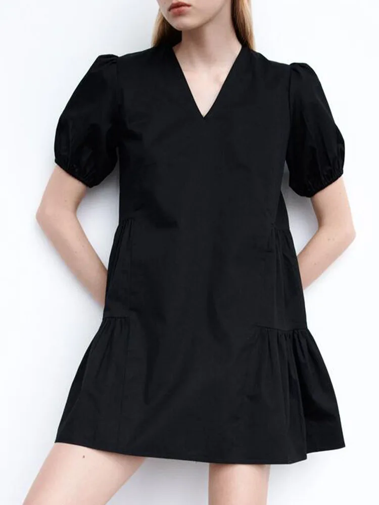 

ZA new female V-neck bubble short-sleeved sweet temperament versatile loose casual layered stitching dress