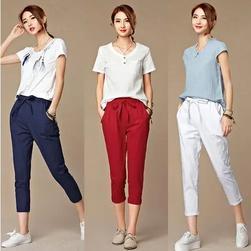 2019 летние новые женские повседневные брюки капри модные хлопковые льняные