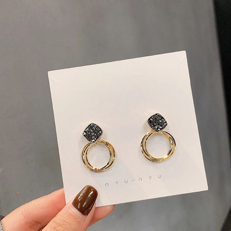 

Yaologe Small Circle Earrings Korean Fashion New Black Square Rhombus Pattern Golden Earrings Statement Jewelry Gift Female