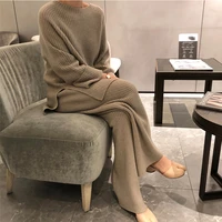 casual women knitted sweater wide leg pants sets o neck long sleeve side split pullovers elastic waist trousers 2 pieces suits