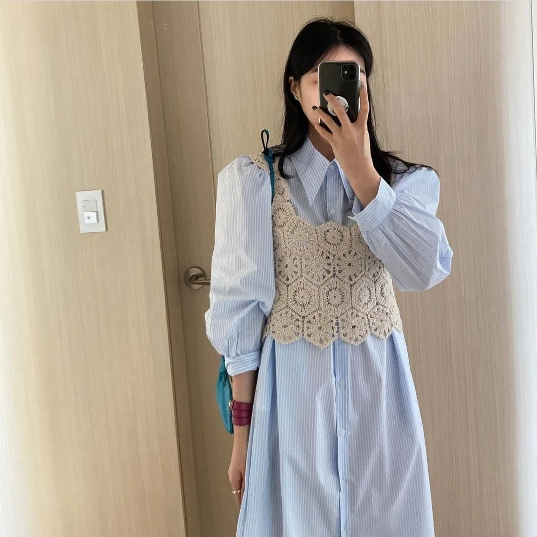 

Korean Chic Early Spring New French Style Shirt Striped Puff Sleeve Cute Youth-Looking Elegant Lapel Dress for Women